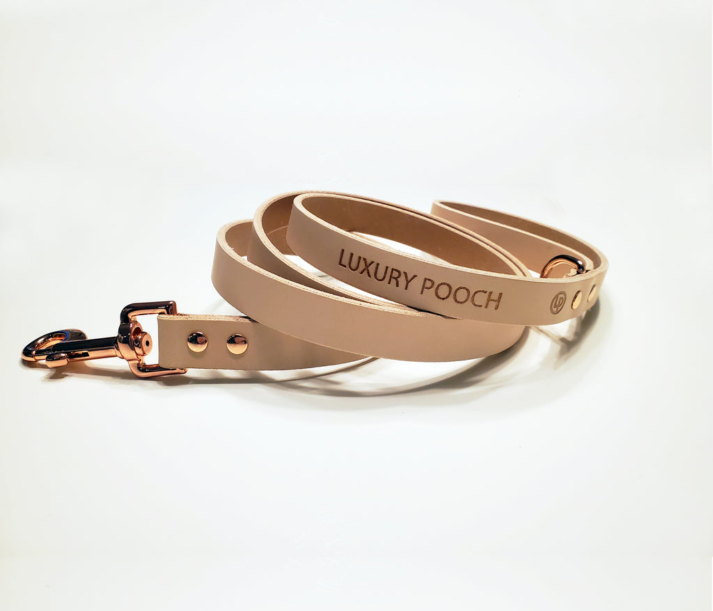 Off White Leather Dog Leash with Rose Gold Copper Hardware